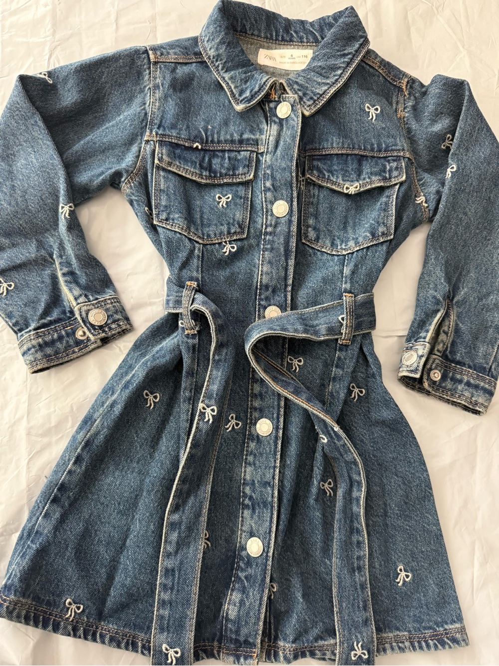 Zara Blue Embroidered Bow Denim Jacket Dress